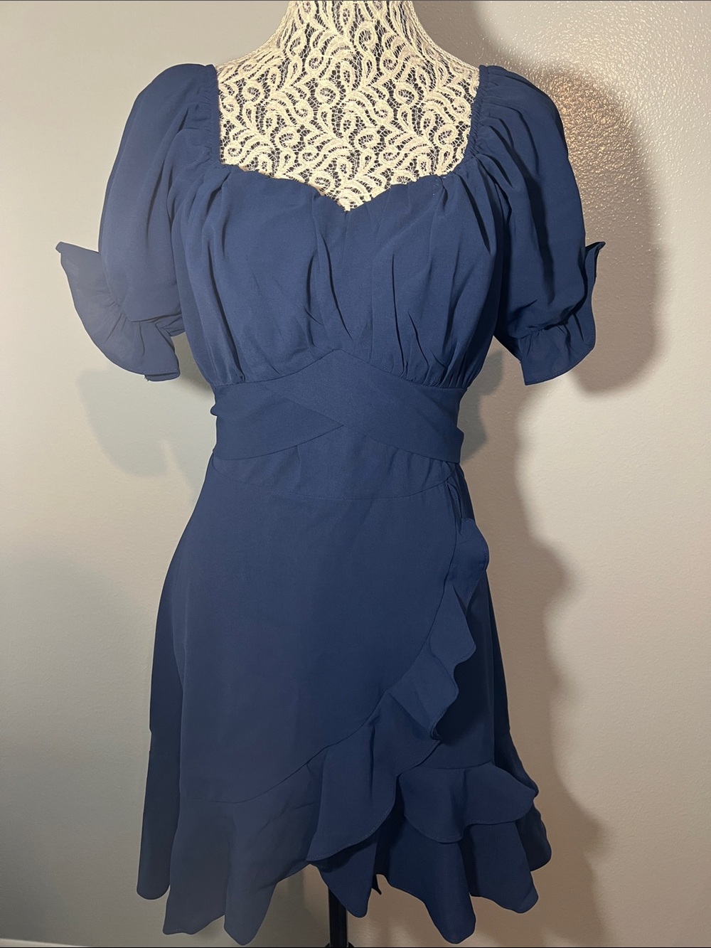 Navy Puff-Sleeve Ruffle Mini Dress - Picture 3 of 6